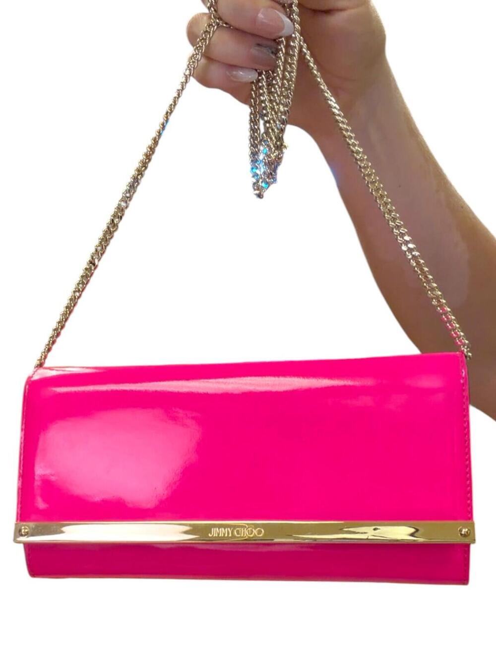Jimmy Choo Milla Neon Pink Patent Leather Clutch with Chain Strap - Picture 1 of 15